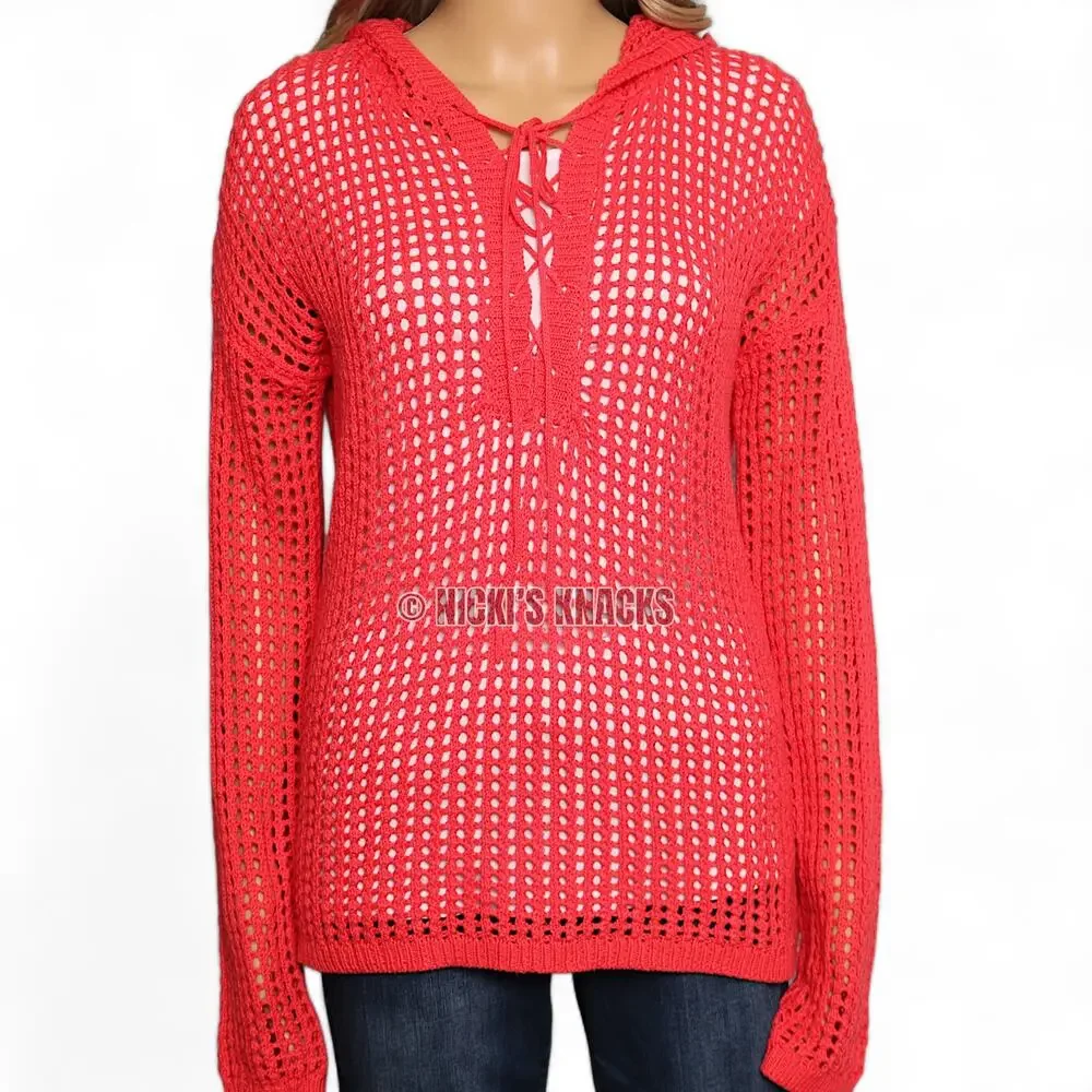 Mododoc Pointelle Open Stitch Hooded Lace-Up Sweater Neon Coral Size M